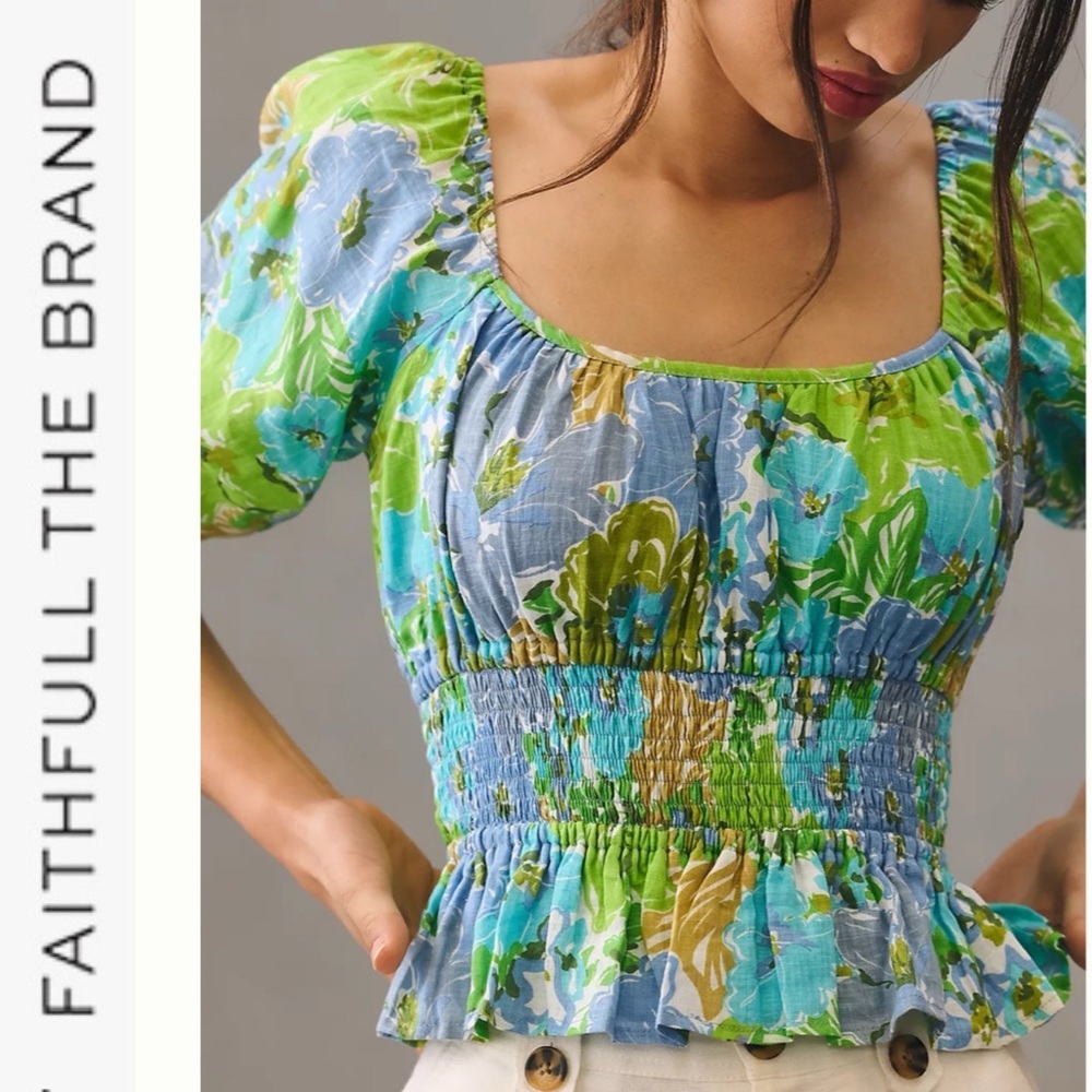 NWT Faithfull The Brand Kinsley Linen Top in San Benedetto Floral 2